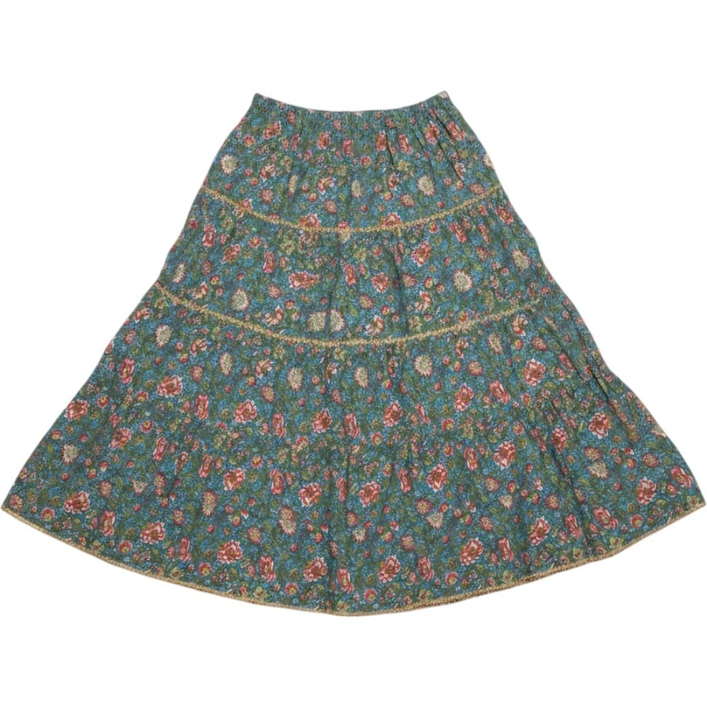 Natural Life Blue Floral Tiered Maxi Skirt Boho Rayon Gold Lace Trim Womens S